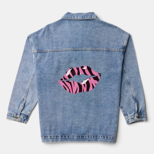 Womens 80s 90s Kiss Mouth Lips Motif Vintage Tiger Denim Jacket