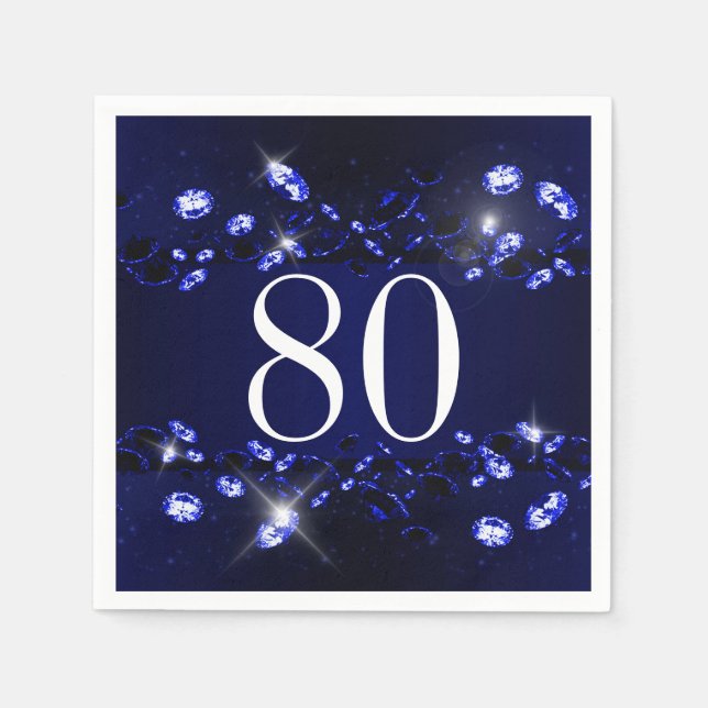 Women's 80th Birthday Blue Black Sparkly Diamond Paper Napkins (Front)