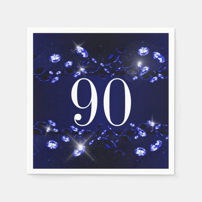 Women's 90th Birthday Blue Black Sparkly Diamond Paper Napkins (Front)