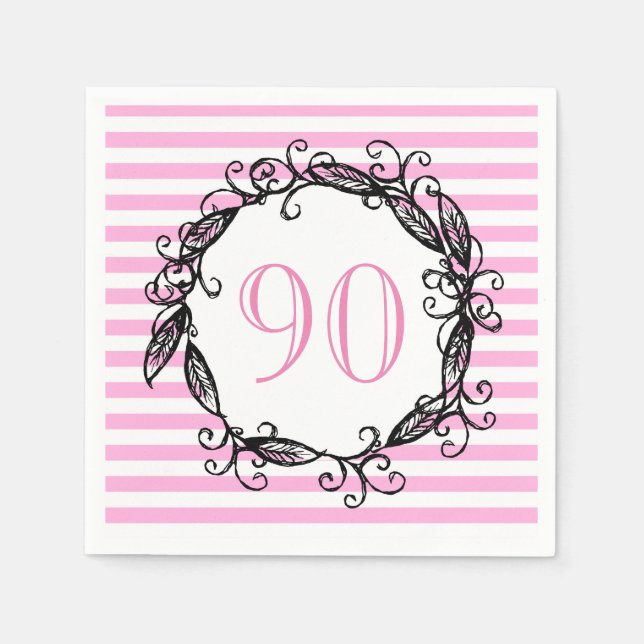 Women's 90th Birthday Pink White Black Swirly Napkins (Front)
