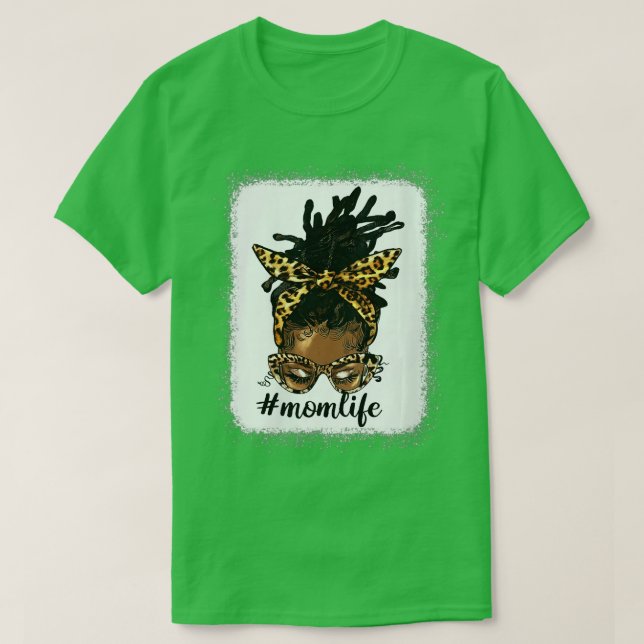 Womens Afro Messy Locs Bun Mom Life  Leopard Messy T-Shirt (Design Front)