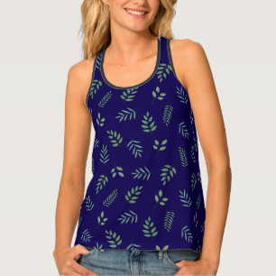 Women's All-Over Leaf Print Dark Blue Racerback Tank Top