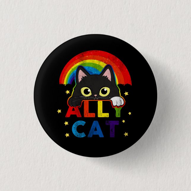 Womens Ally Cat LGBT Pride Ally Black Cat With Rai Button (Front)