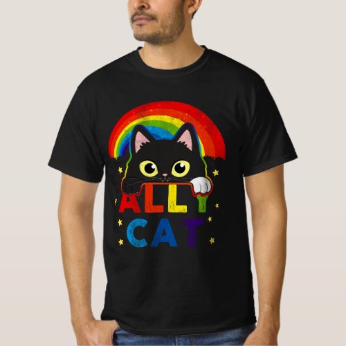 Womens Ally Cat LGBT Pride Ally Black Cat With Rai T_Shirt