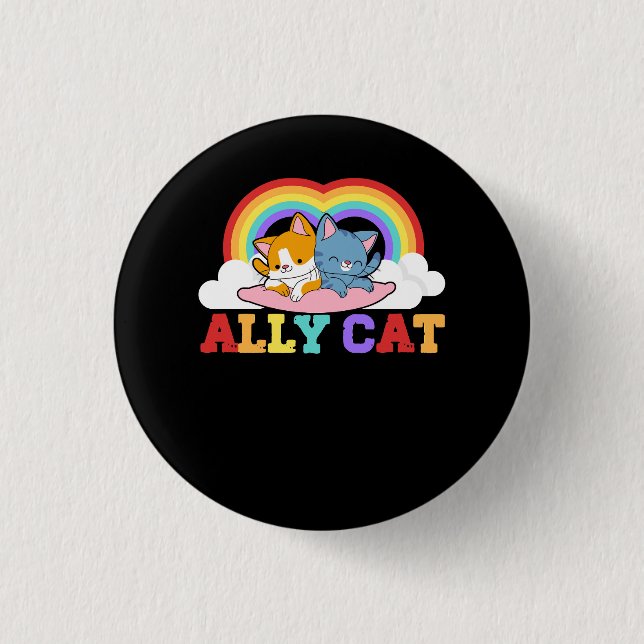 Womens Ally Cat LGBT Pride Ally Couple Cat With Ra Button (Front)