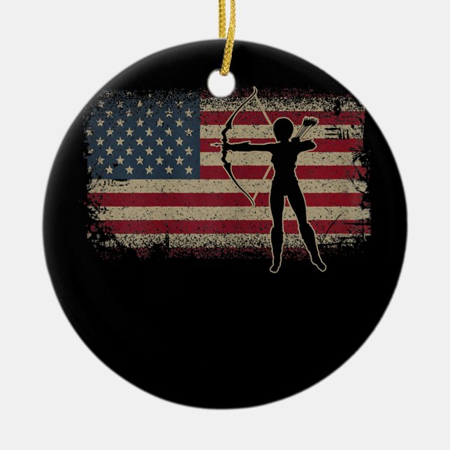 Womens Archery Player Crossbow American Flag Ceramic Ornament (Front)