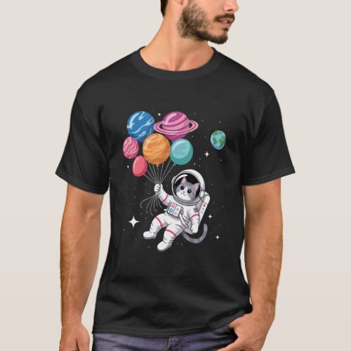 Womens Astronaut Cat Holding Planet Balloons Outer T-Shirt