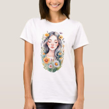 Womens Basic T-Shirt A girl with flowers in her ha