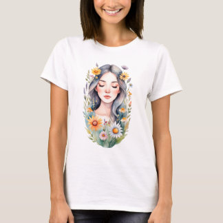 Womens Basic T-Shirt A girl with flowers in her ha