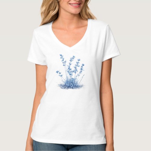 Womens Basic V_Neck T_Shirt with Blue Flower
