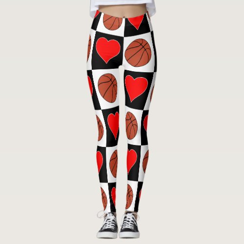 Womens Basketball Cute Basketballs and Hearts Leggings