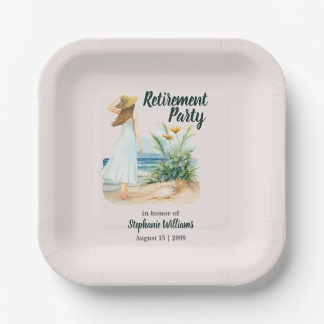 Womens Beach and Flowers Themed Retirement Party Paper Plates (Front)