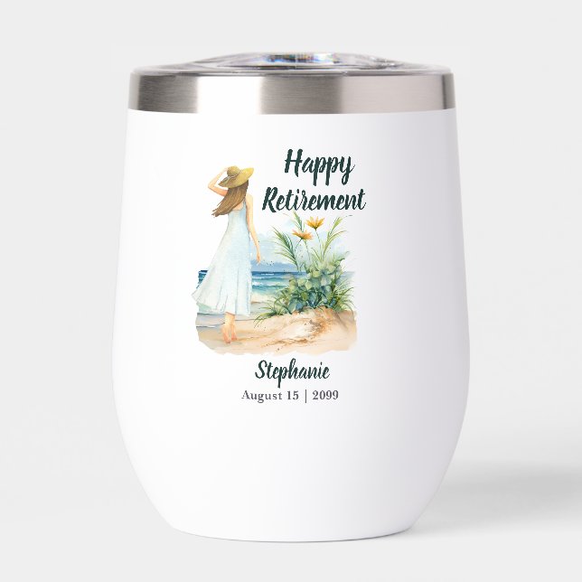 Womens Beach and Flowers Themed Retirement Party Thermal Wine Tumbler (Front)