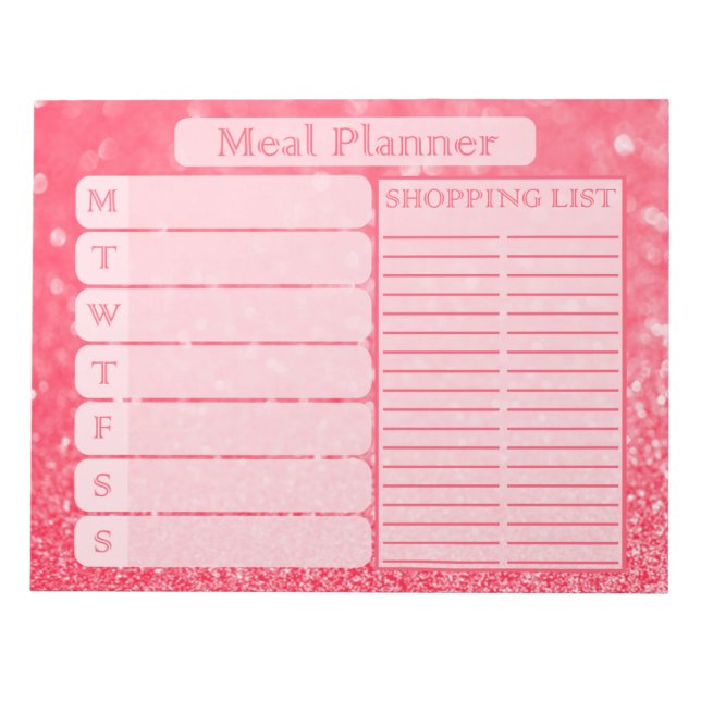 Women's Beautiful Pink Glitter Weekly Meal Planner Notepad (Front)