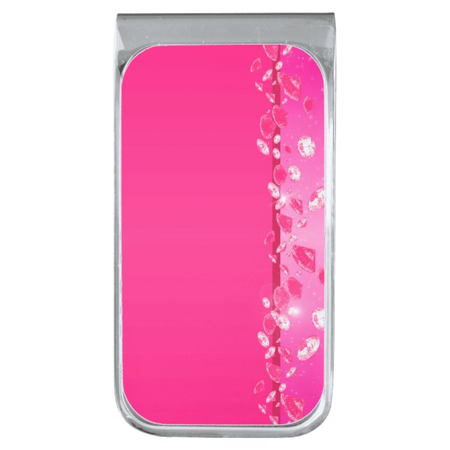 Women's Beautiful Pink Sparkly Argyle Diamond Silver Finish Money Clip (Front Vertical)