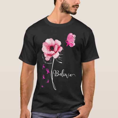 Womens Believe Flower Butterfly Pink Ribbon Breast T_Shirt