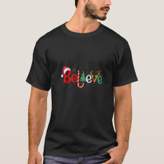 Womens Believe Xmas Family Matching Funny Reindeer T-Shirt