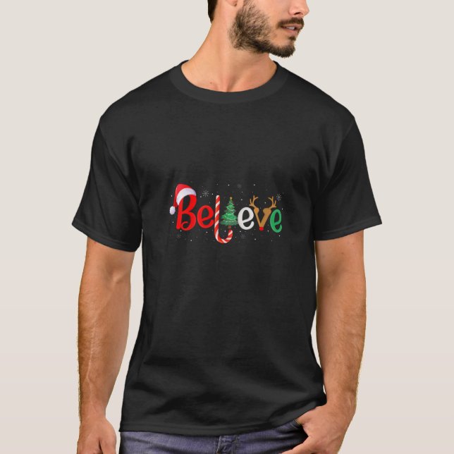 Womens Believe Xmas Family Matching Funny Reindeer T-Shirt (Front)