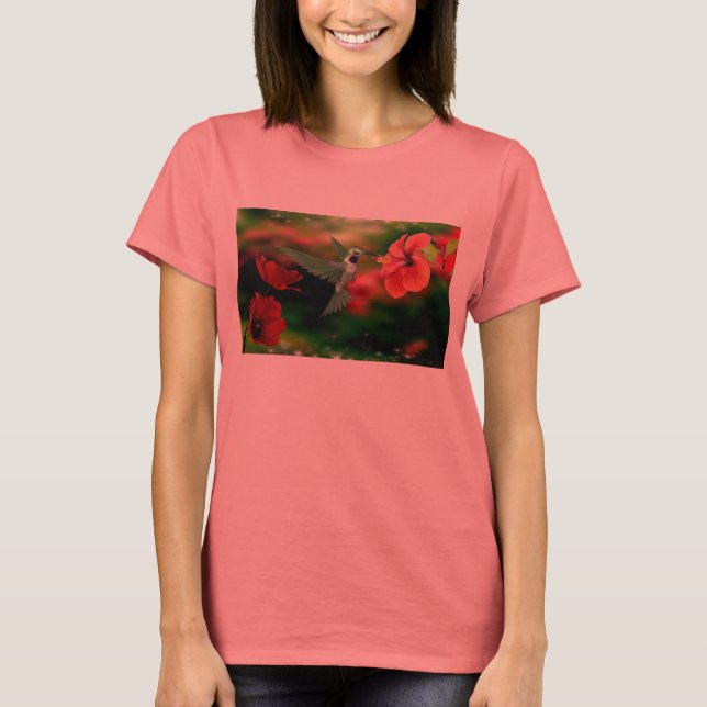 Womens bella ringer tshirt with a hummingbird (Front)