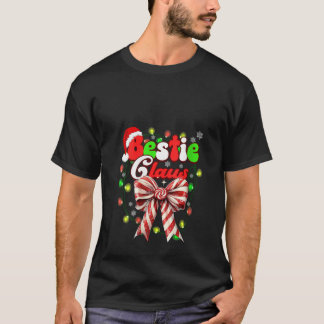 Womens Bestie Claus Coquette Bow Candy Cane Santa T-Shirt
