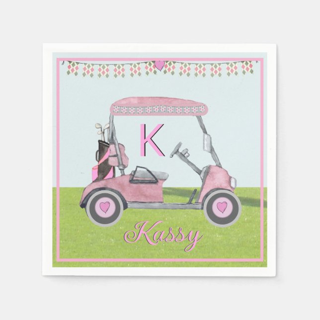 Women's Birthday Retirement Pink Golf Monogram Napkins (Front)