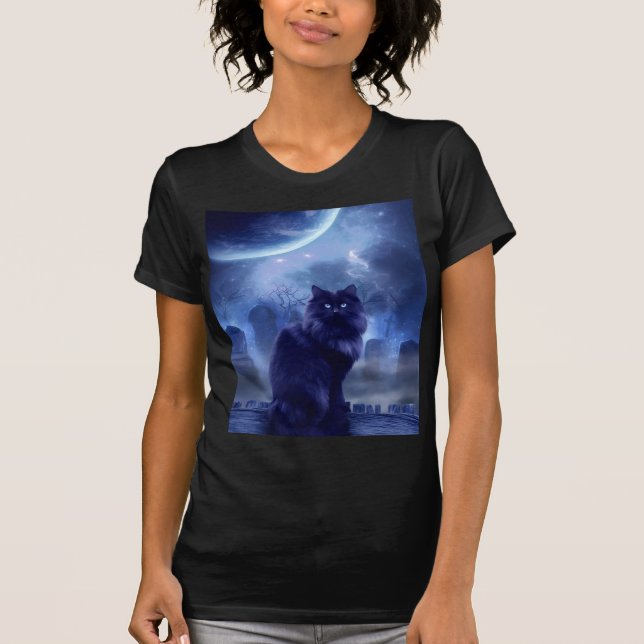 women's black cat and moon t-shirt (Front)