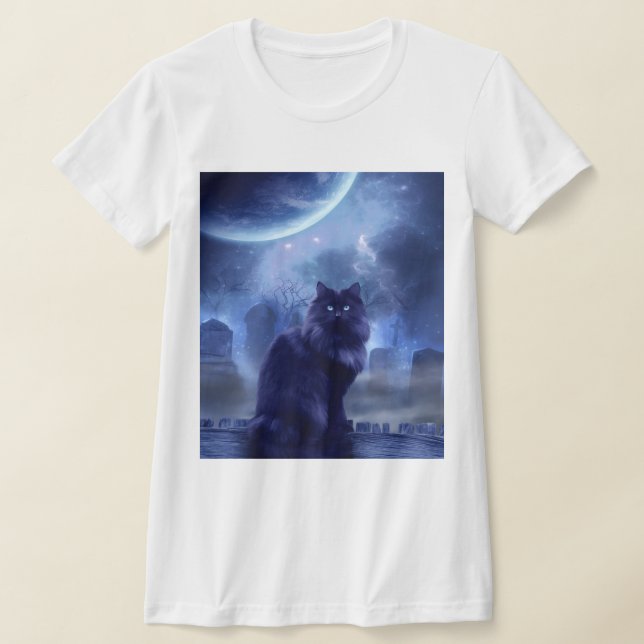 Women's Black cat and moon t-shirt (Laydown)