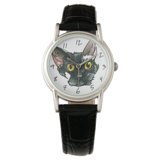 Women's Black Cat Black Leather Strap Watch (Front)