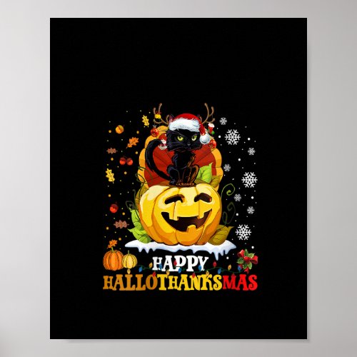 Womens Black Cat Halloween And Merry Christmas Hap Poster