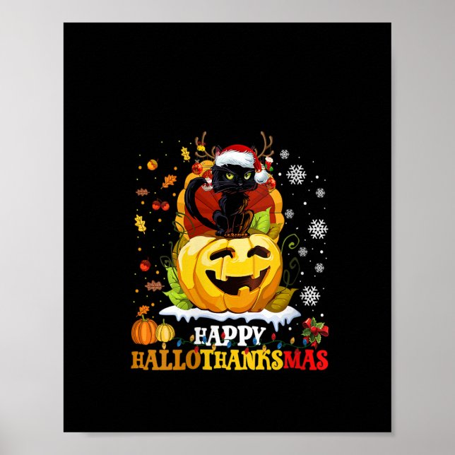 Womens Black Cat Halloween And Merry Christmas Hap Poster (Front)