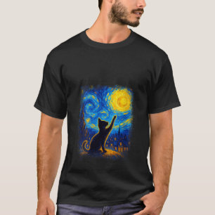 Womens Black Cat Starry Night Van Gogh Cat Cat Mom T-Shirt