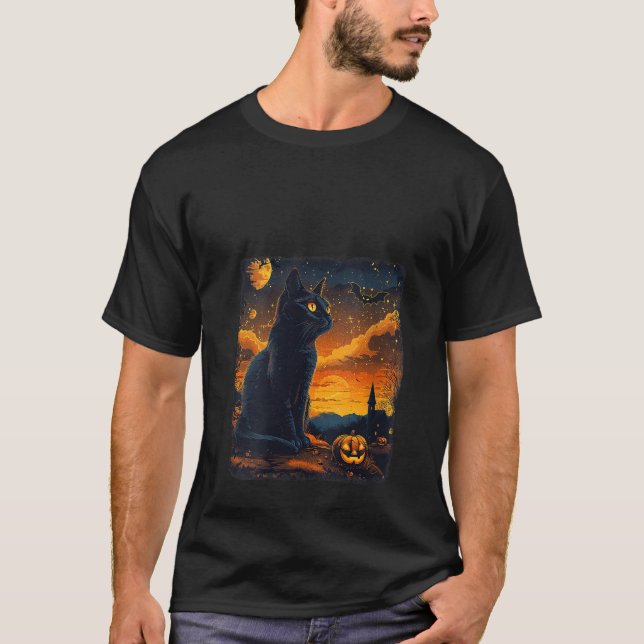 Womens Black Cat Starry Night Van Gogh Pumpkins Ba T-Shirt (Front)