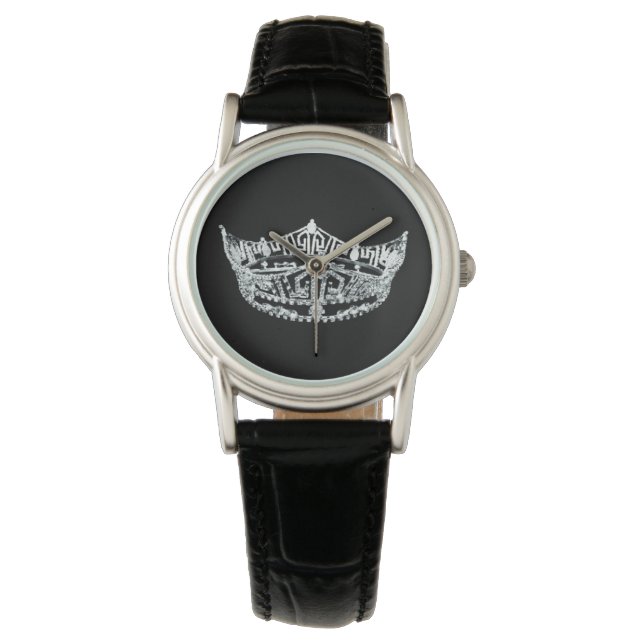 Womens Black Leather Strap Pageant Crown Watch (Front)