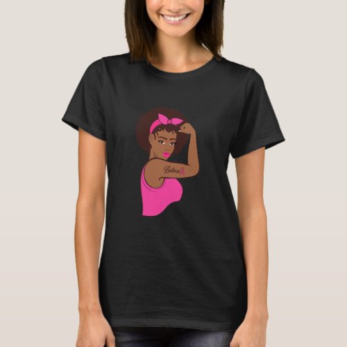 Womens Black Rosie Riveter Afro Breast Cancer T_Shirt