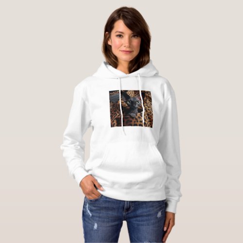 Womens Black Sphynx Cat In Pocket Leopard Hoodie 