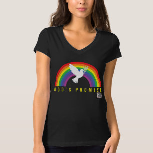 Women's Black V T-Shirt Rainbow God's Promise Dove
