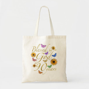Womens Blessed By God For 90 Year Butterfly Sunflo Tote Bag