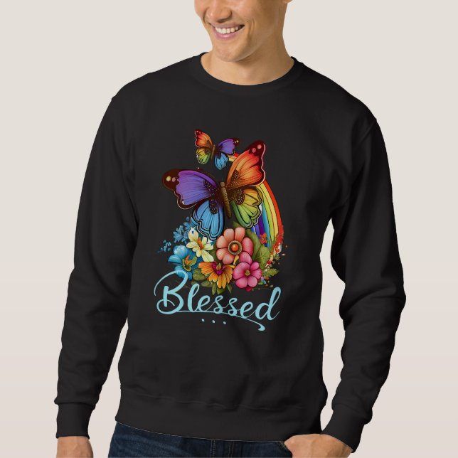Womens Blessed Christian Butterfly Pretty Floral R Sweatshirt (Front)