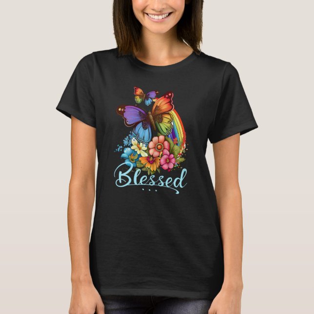 Womens Blessed Christian Butterfly Pretty Floral R T-Shirt (Front)