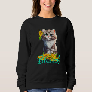 Womens Blessed Cute Tabby Kitty With Sunflowers Ch Sweatshirt