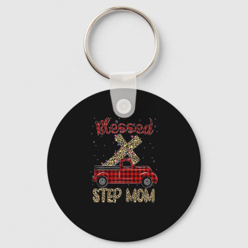Womens Blessed Step Mom Christmas Red Truck Plaid  Keychain