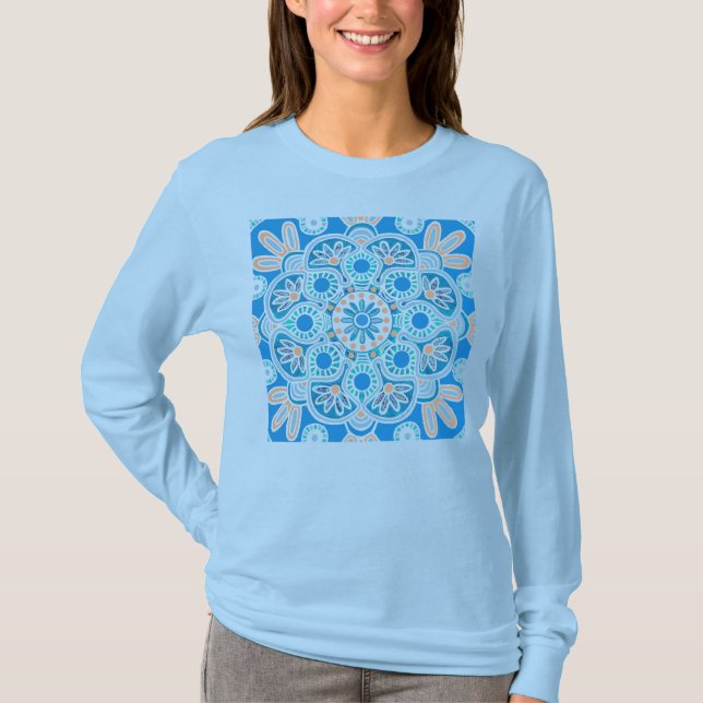Women's blue long sleeve tile pattern T- Shirt (Front)