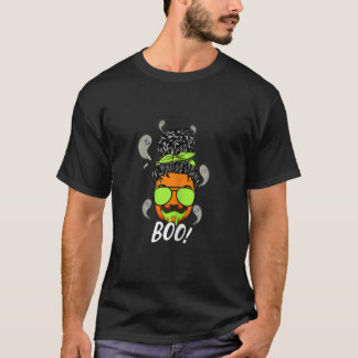 Womens Boo Messy Hair Bun Pumpkin Sunglasses Ghost T-Shirt