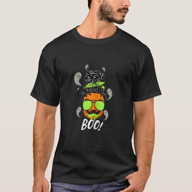 Womens Boo Messy Hair Bun Pumpkin Sunglasses Ghost T-Shirt (Front)