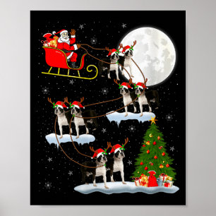 Womens Boston Terrier Dog Santa Sleigh Flying Funn Poster