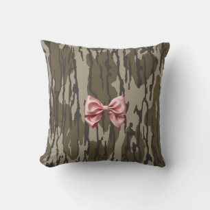 Womens Bottomland Camo Cute Pink Ribbon Bow Throw Pillow