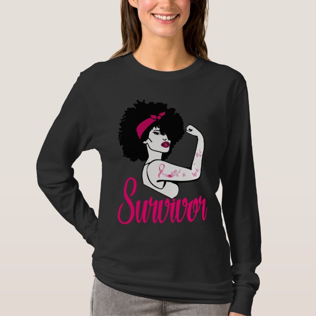 Womens Breast Cancer Survivor Rosie Riveter Pink R T-Shirt (Front)