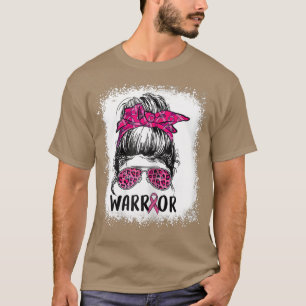 Womens Breast Cancer Warrior Messy Bun Leopard Ble T-Shirt