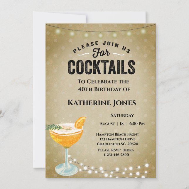 Women's Brown 40th Birthday Cocktail Party  Invitation (Front)