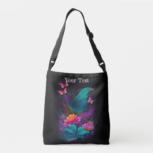 womens butterfly art with purple floral splash crossbody bag